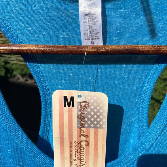 'Ride 'Em Cowboy' Blue Linen-Blend Racerback Tank Top, Junior M, New With Tags! - Picture 3 of 6